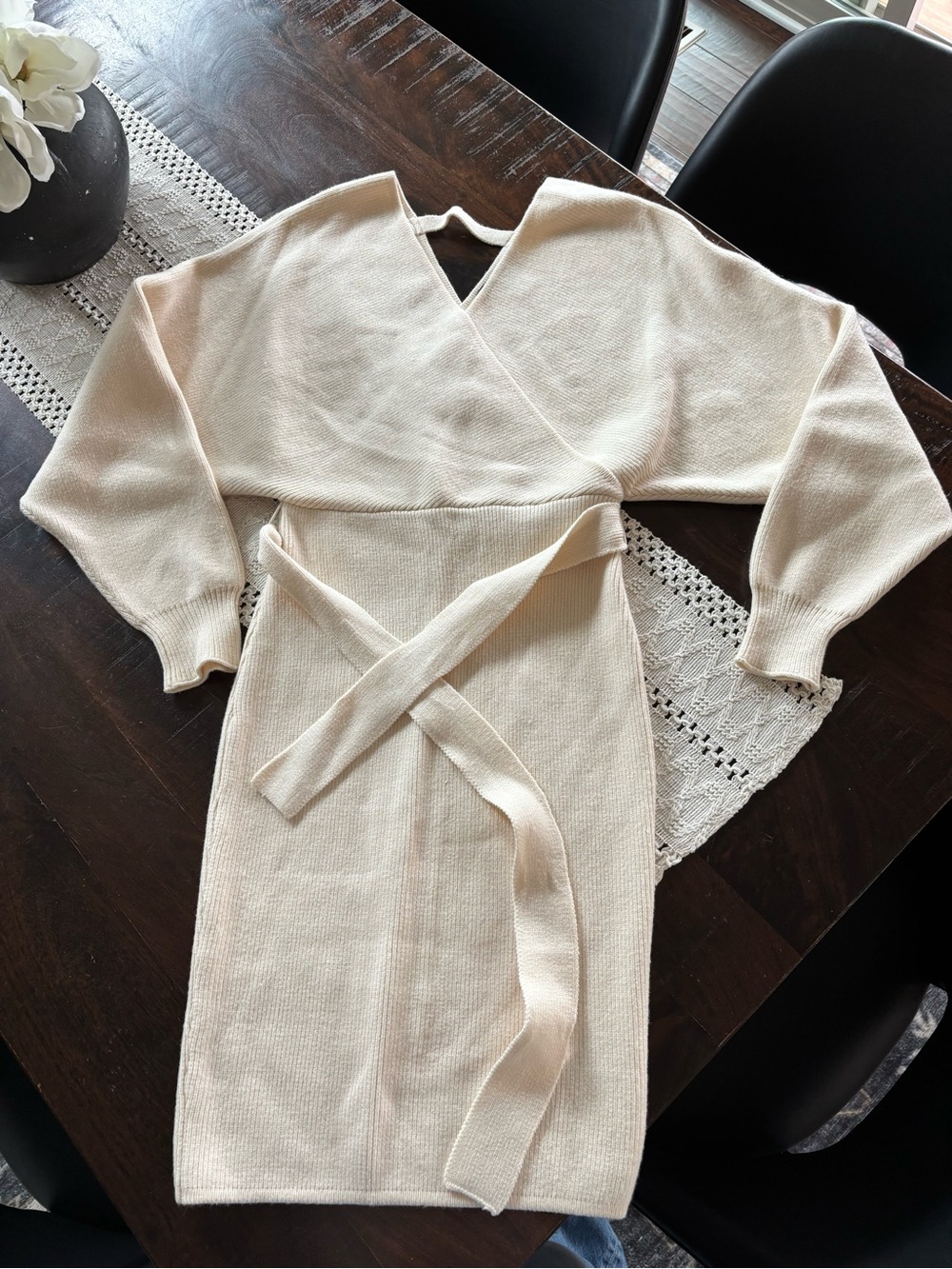 Forever 21 Cream Wrap Knit Midi Dress with Waist Tie